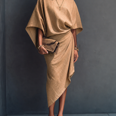 Women's Linen Midi Dress | Midi Asymmetric Draped Round Neck