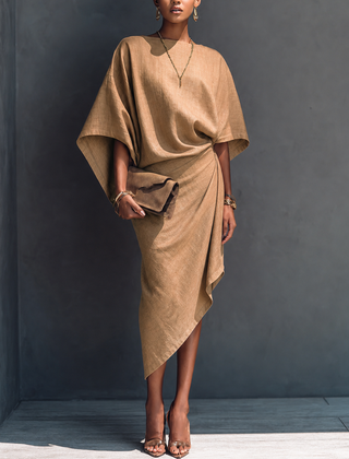 Women's Linen Midi Dress | Midi Asymmetric Draped Round Neck