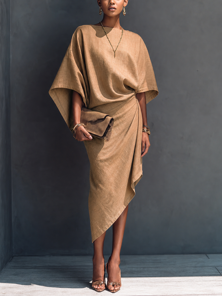 Women's Linen Midi Dress | Midi Asymmetric Draped Round Neck