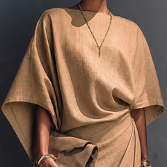 Women's Linen Midi Dress | Midi Asymmetric Draped Round Neck