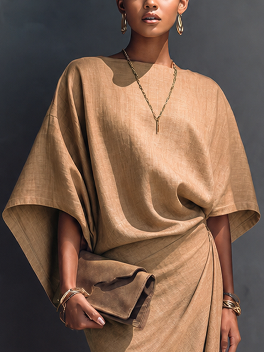 Women's Linen Midi Dress | Midi Asymmetric Draped Round Neck