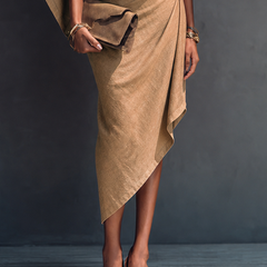 Women's Linen Midi Dress | Midi Asymmetric Draped Round Neck