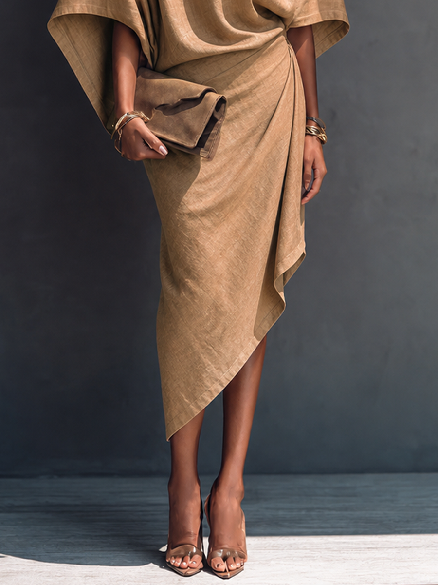 Women's Linen Midi Dress | Midi Asymmetric Draped Round Neck