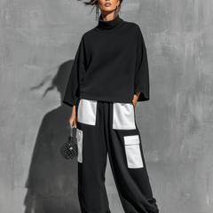Women's Two Piece Pants Set | Turtleneck Three-Quarter Sleeve Knit Cargo Pockets