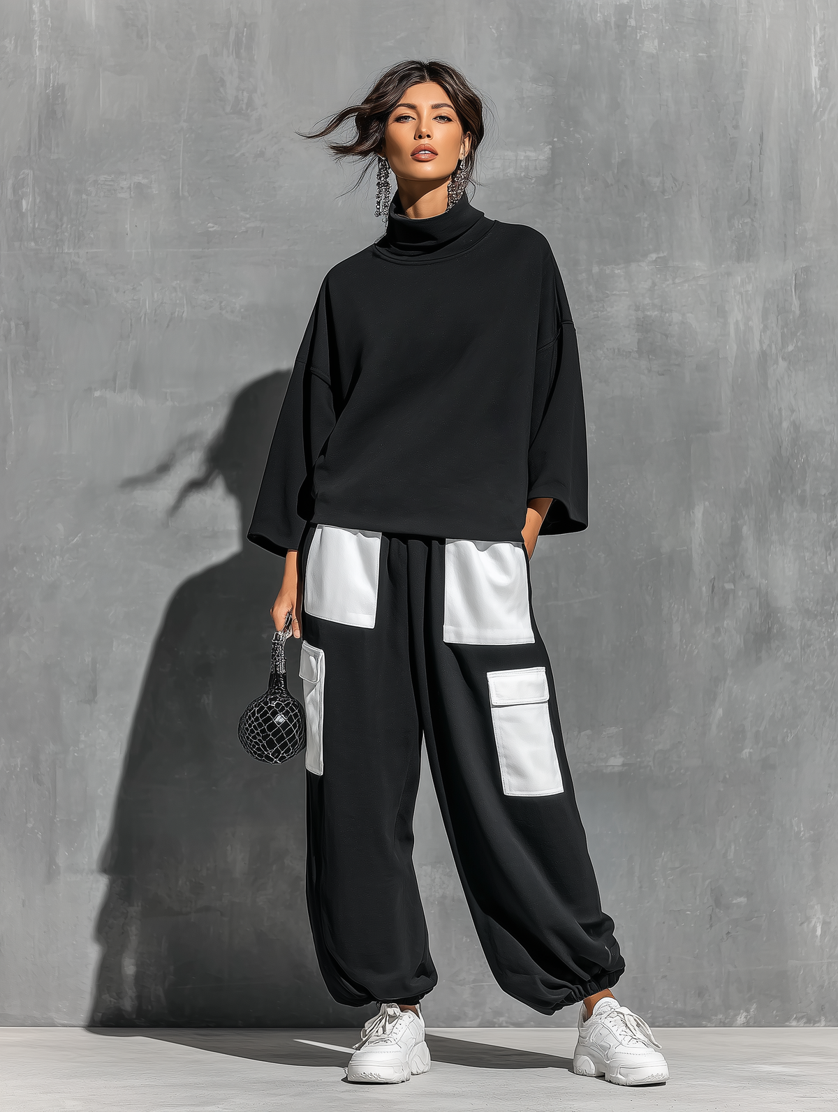 Women's Two Piece Pants Set | Turtleneck Three-Quarter Sleeve Knit Cargo Pockets