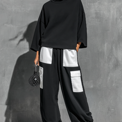 Women's Two Piece Pants Set | Turtleneck Three-Quarter Sleeve Knit Cargo Pockets
