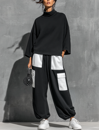 Women's Two Piece Pants Set | Turtleneck Three-Quarter Sleeve Knit Cargo Pockets