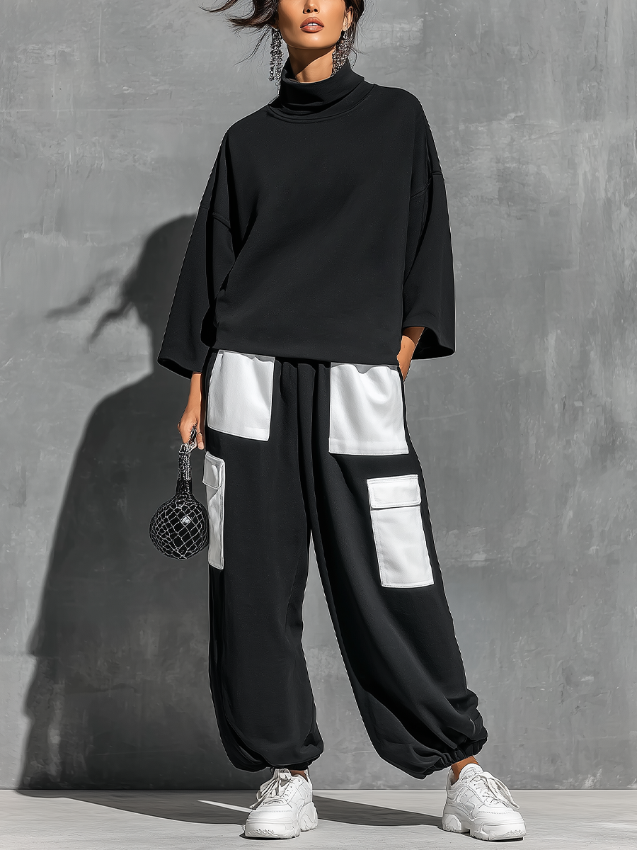 Women's Two Piece Pants Set | Turtleneck Three-Quarter Sleeve Knit Cargo Pockets