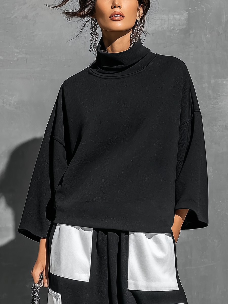 Women's Two Piece Pants Set | Turtleneck Three-Quarter Sleeve Knit Cargo Pockets