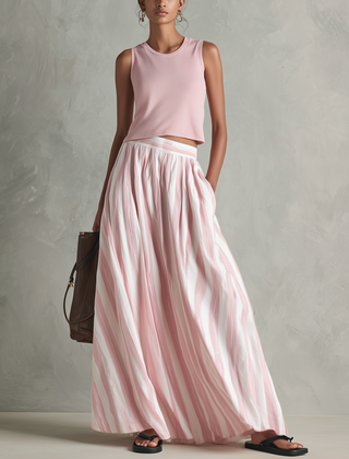 Women's Maxi Skirt | Striped Pleated Maxi Woven