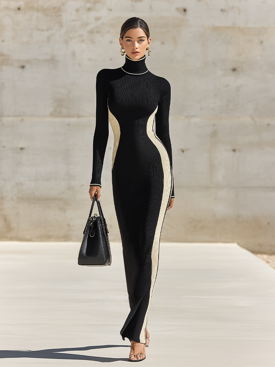 Women's High Neck Dress | Maxi Length Turtleneck Long Sleeve Knit
