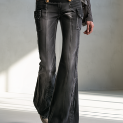 Women's Leather Pants | Flare Leg High Waist Cargo Studs