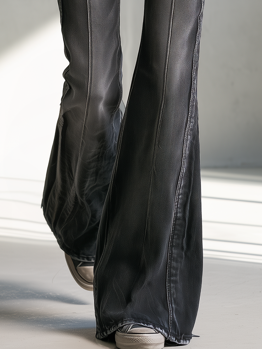 Women's Leather Pants | Flare Leg High Waist Cargo Studs