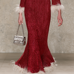 Women's Christmas Dress | Maxi Feather Trim Long Sleeve