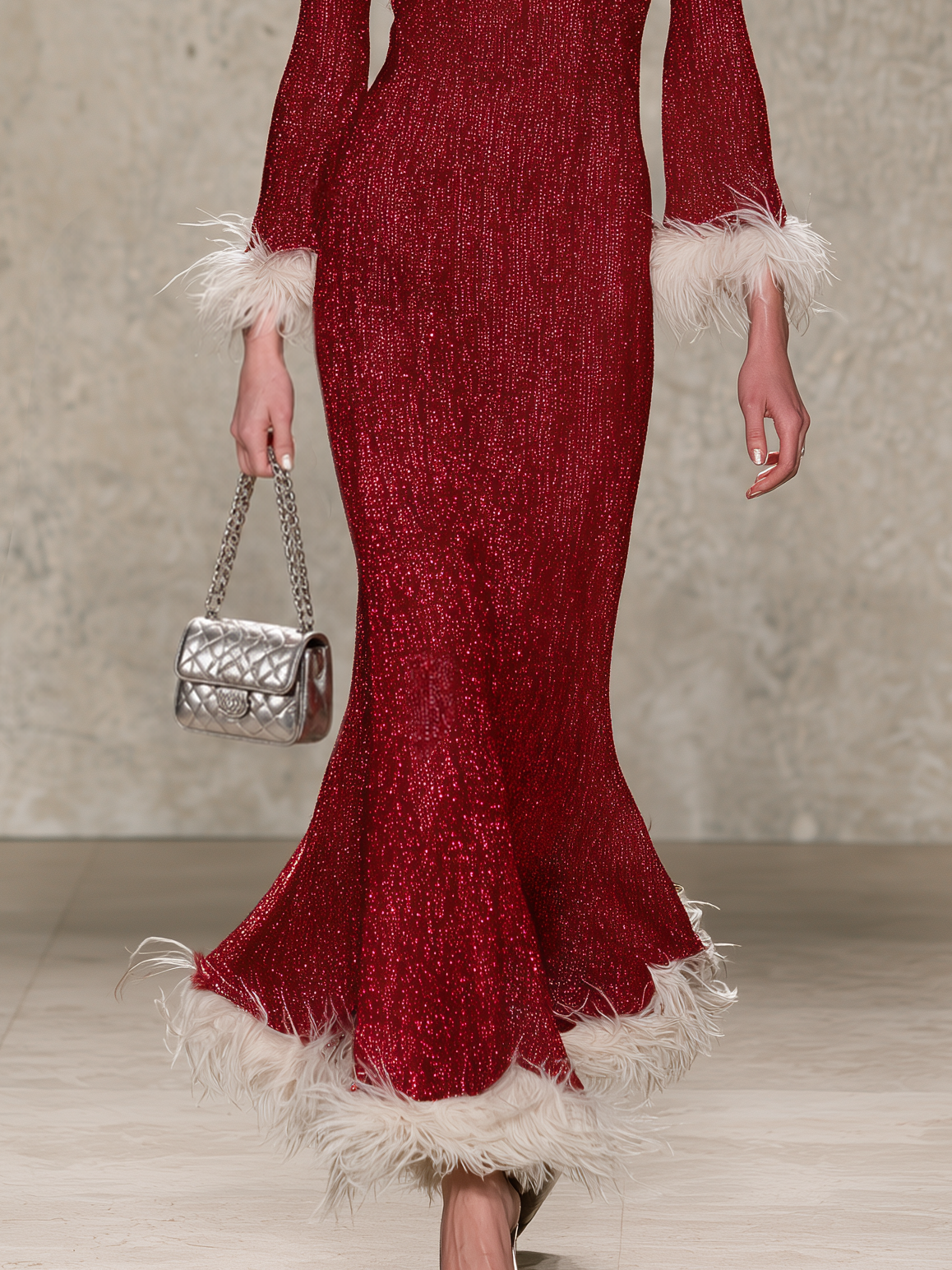 Women's Christmas Dress | Maxi Feather Trim Long Sleeve