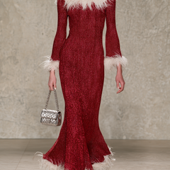 Women's Christmas Dress | Maxi Feather Trim Long Sleeve
