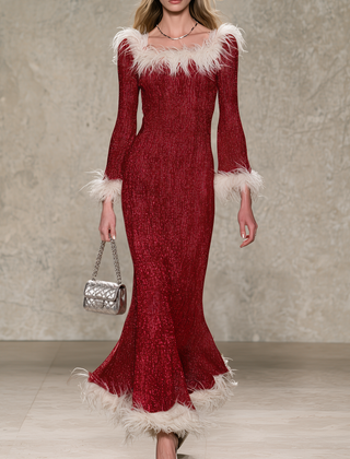 Women's Christmas Dress | Maxi Feather Trim Long Sleeve
