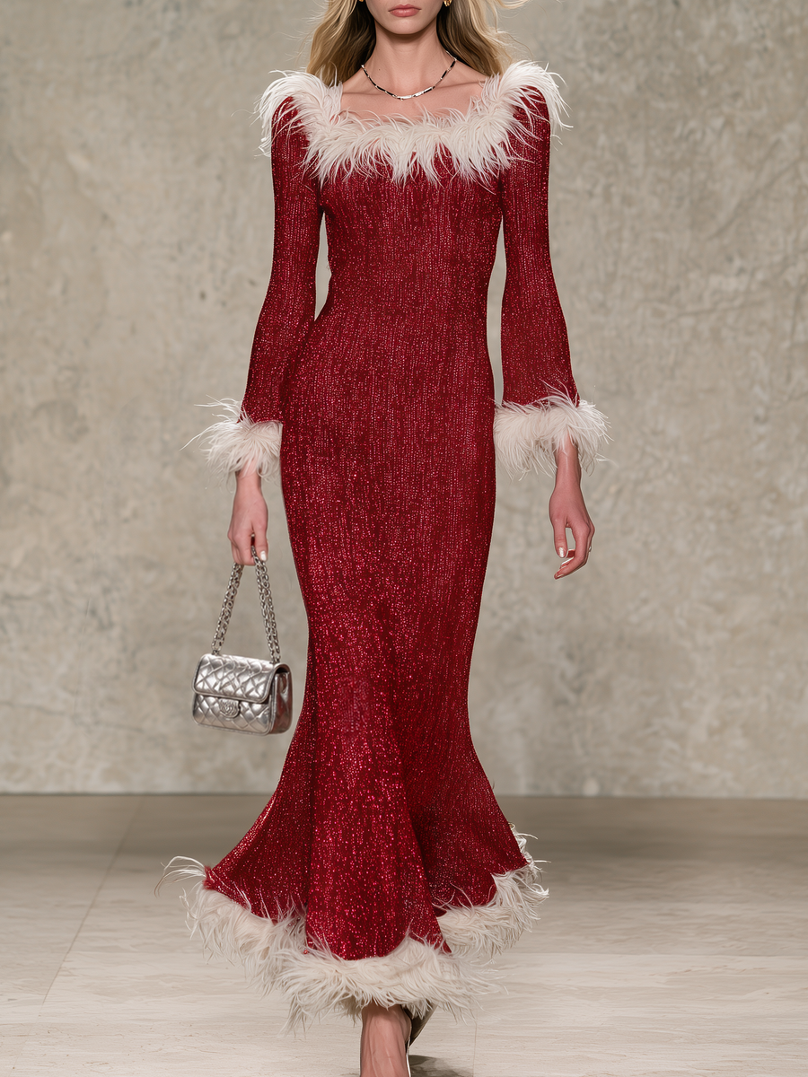 Women's Christmas Dress | Maxi Feather Trim Long Sleeve