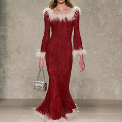 Women's Christmas Dress | Maxi Feather Trim Long Sleeve