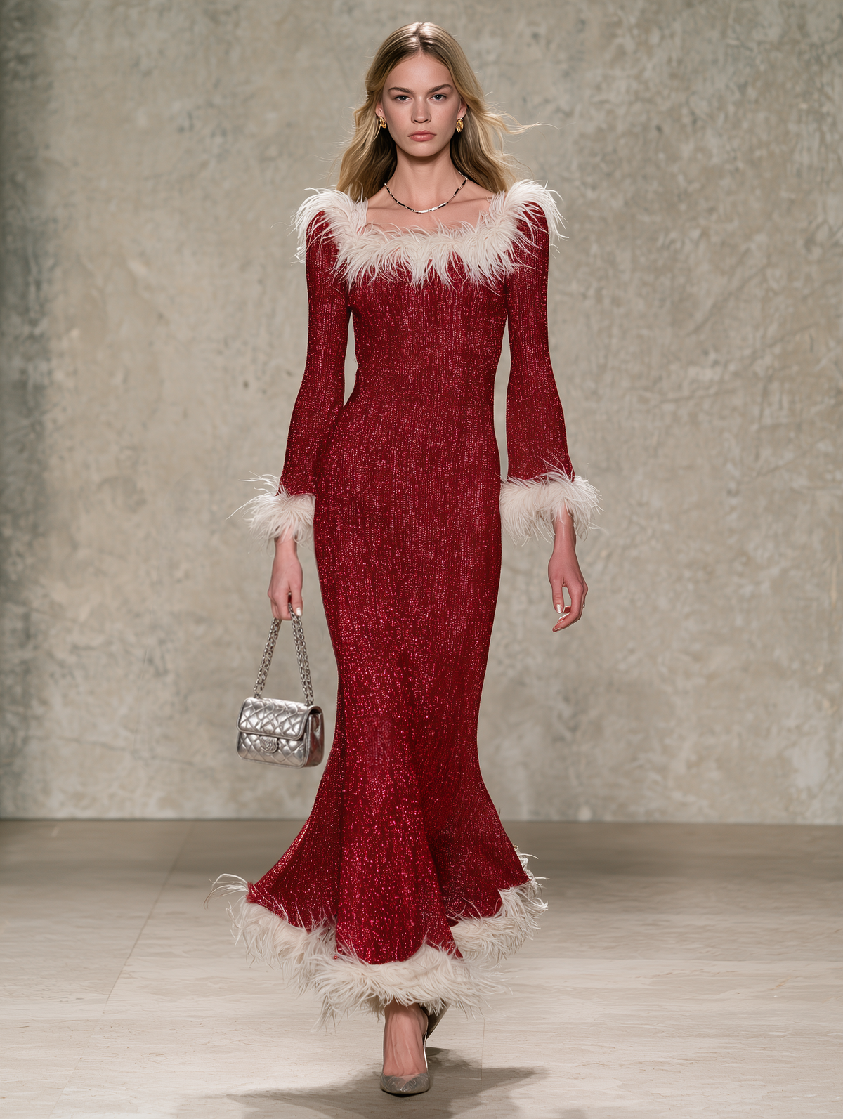 Women's Christmas Dress | Maxi Feather Trim Long Sleeve