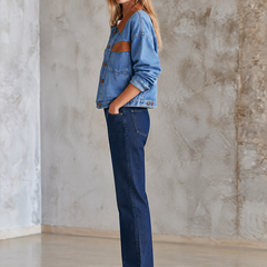 Women's Denim Jacket | Pointed Collar Contrast Trim Button Closure