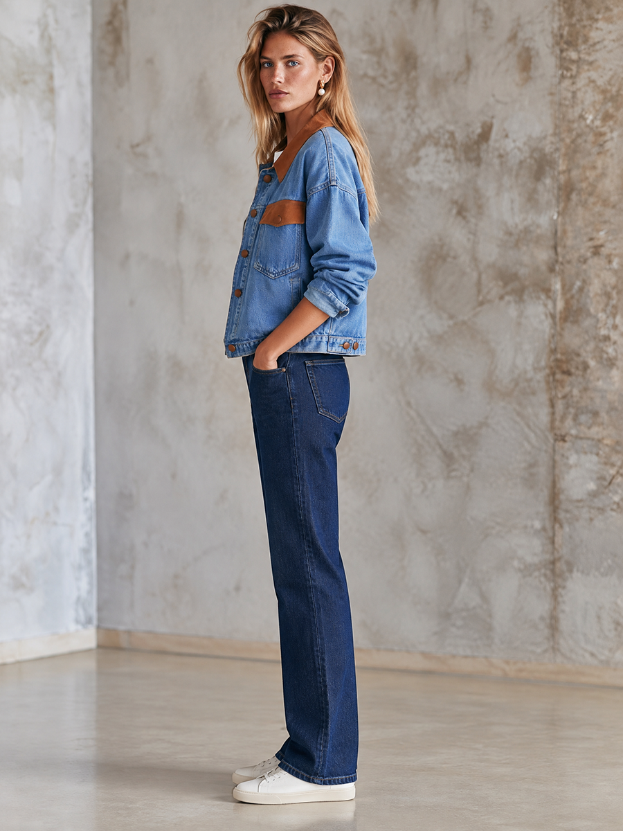 Women's Denim Jacket | Pointed Collar Contrast Trim Button Closure