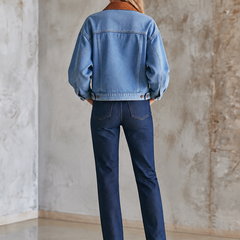 Women's Denim Jacket | Pointed Collar Contrast Trim Button Closure