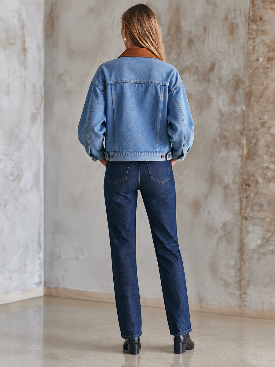 Women's Denim Jacket | Pointed Collar Contrast Trim Button Closure