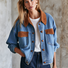 Women's Denim Jacket | Pointed Collar Contrast Trim Button Closure