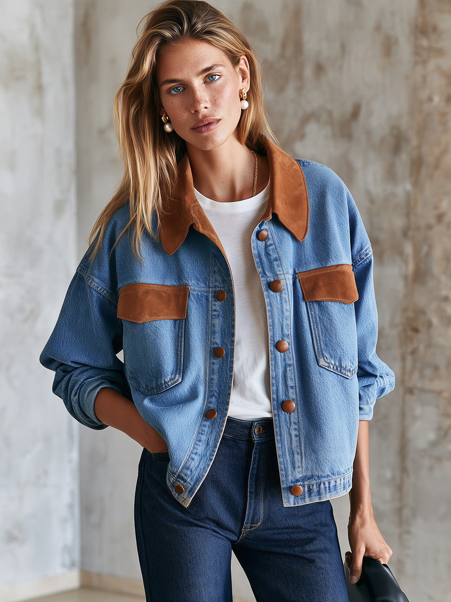 Women's Denim Jacket | Pointed Collar Contrast Trim Button Closure
