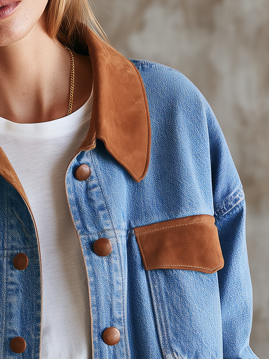 Women's Denim Jacket | Pointed Collar Contrast Trim Button Closure