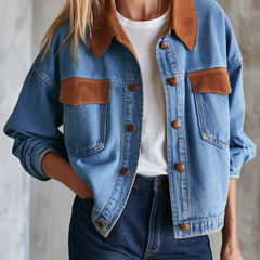 Women's Denim Jacket | Pointed Collar Contrast Trim Button Closure