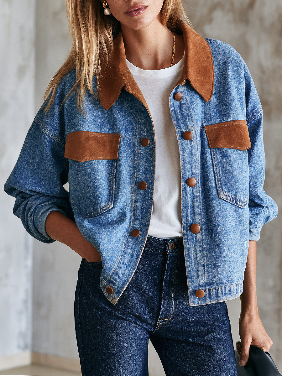 Women's Denim Jacket | Pointed Collar Contrast Trim Button Closure
