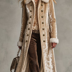 Women's Faux Fur Coat | Velvet Double-Breasted Long Lapel