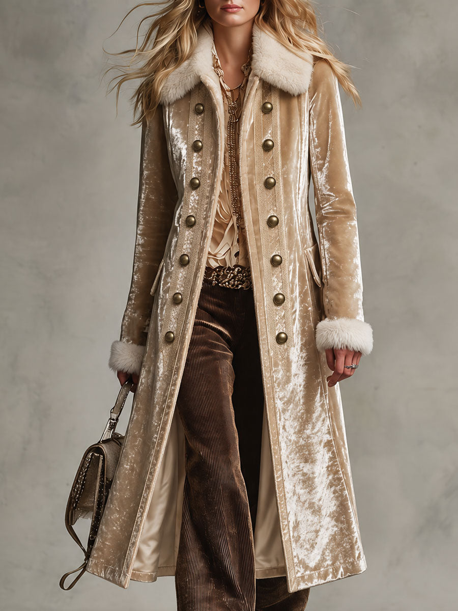 Women's Faux Fur Coat | Velvet Double-Breasted Long Lapel