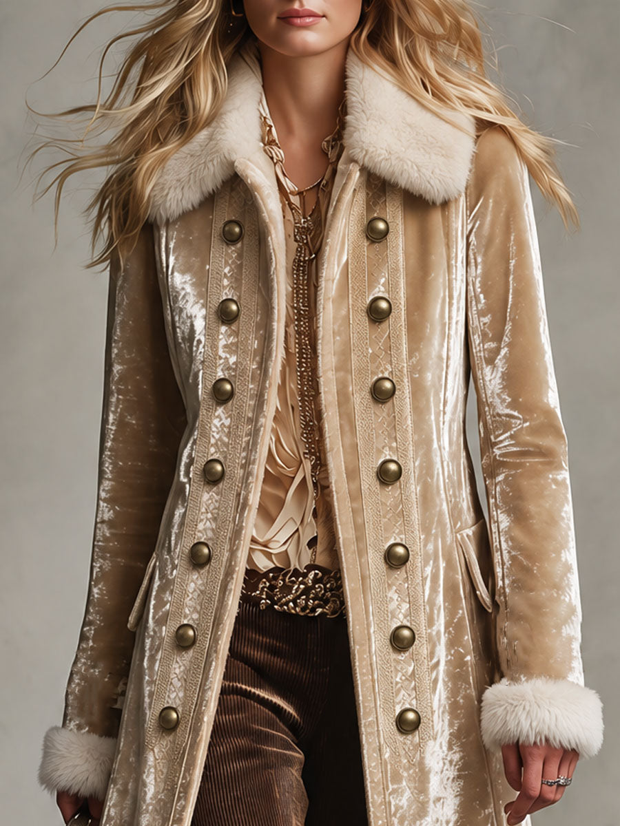 Women's Faux Fur Coat | Velvet Double-Breasted Long Lapel