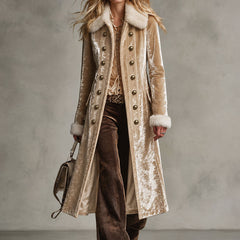 Women's Faux Fur Coat | Velvet Double-Breasted Long Lapel