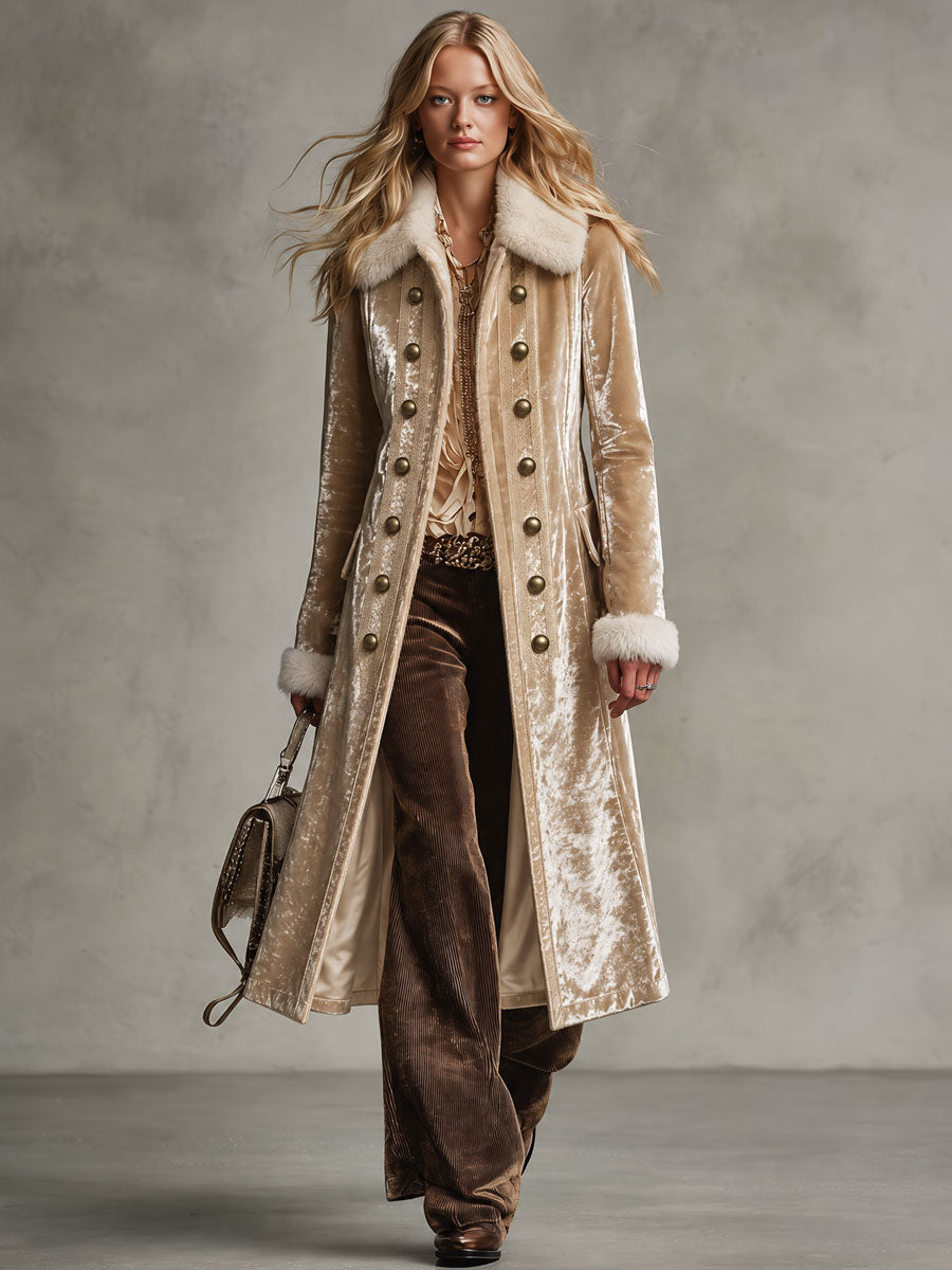 Women's Faux Fur Coat | Velvet Double-Breasted Long Lapel