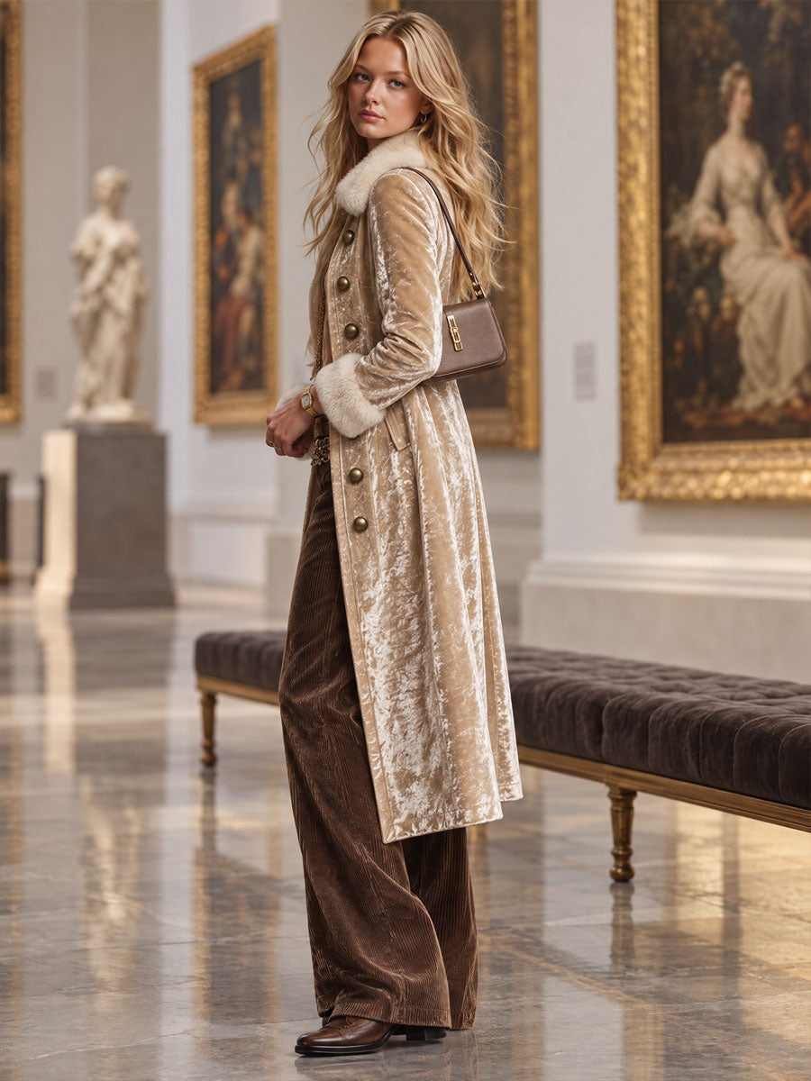Women's Faux Fur Coat | Velvet Double-Breasted Long Lapel