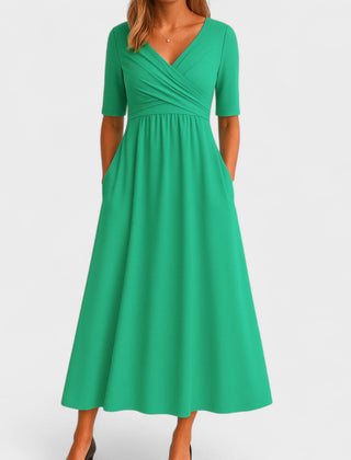 Women's Winter Wedding Guest Dress | Midi Wrap V-Neck Elbow Sleeve Pockets