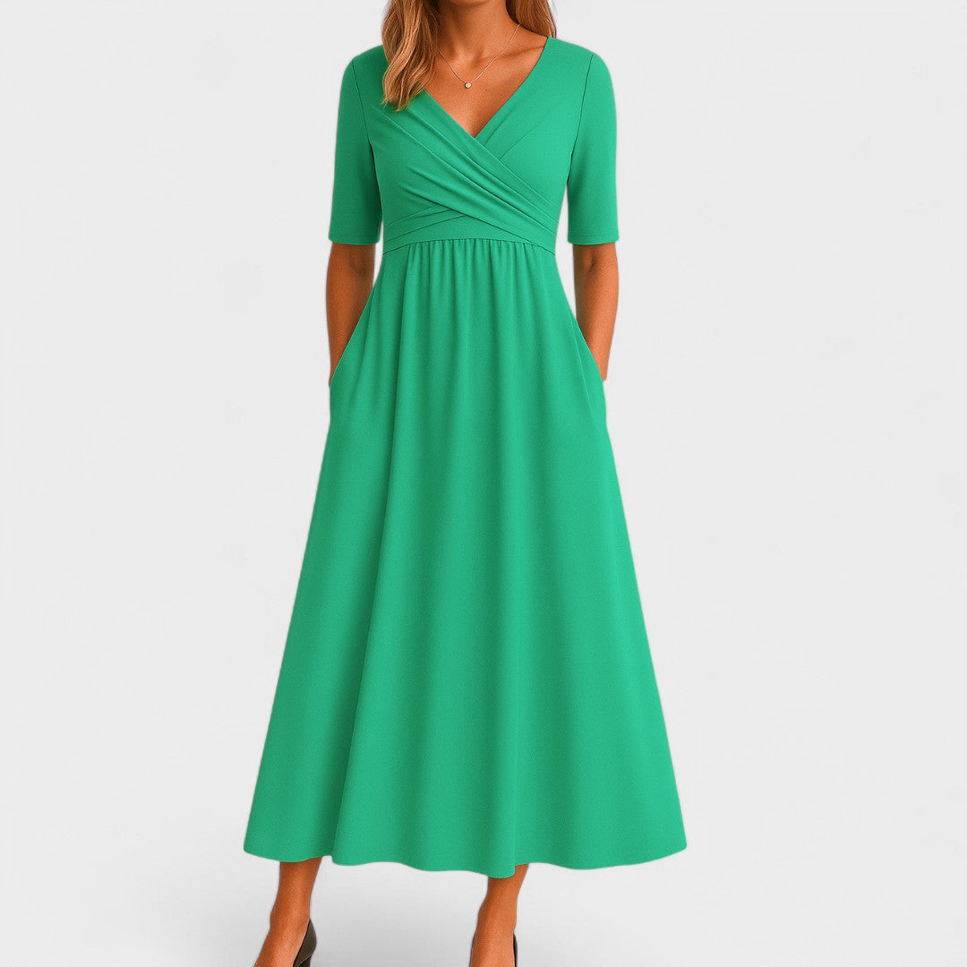 Women's Winter Wedding Guest Dress | Midi Wrap V-Neck Elbow Sleeve Pockets