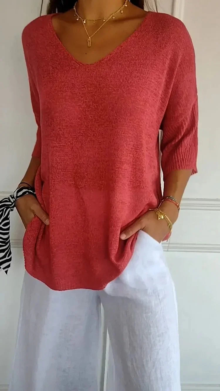 Women's Red Top | V-Neck Knit Three-Quarter Sleeve
