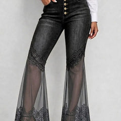 Women's Lace Pants | High-Waisted Wide-Leg Denim Zipper
