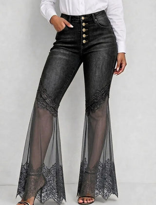 Women's Lace Pants | High-Waisted Wide-Leg Denim Zipper