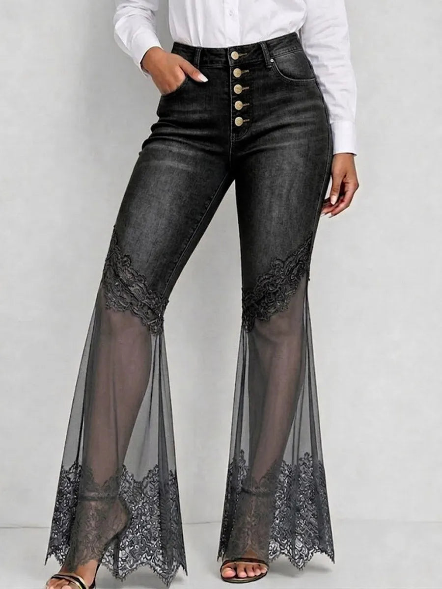 Women's Lace Pants | High-Waisted Wide-Leg Denim Zipper