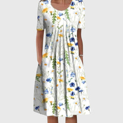 Women's Smart Casual Dress | Midi Round Neck Floral Print Short Sleeve