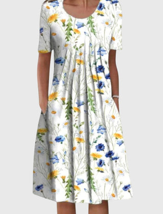 Women's Smart Casual Dress | Midi Round Neck Floral Print Short Sleeve