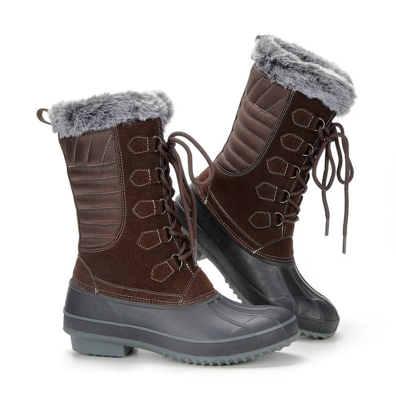 Brown lace-up snow boots with faux-fur cuffs, lace eyelets, and molded sole