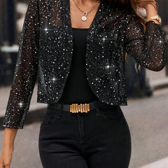 Women's Winter Jacket | Cropped Sequin Open Front Three Quarter Sleeve