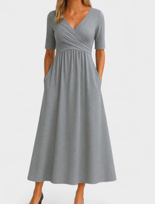 Women's Winter Wedding Guest Dress | Midi Wrap V-Neck Elbow Sleeve Pockets